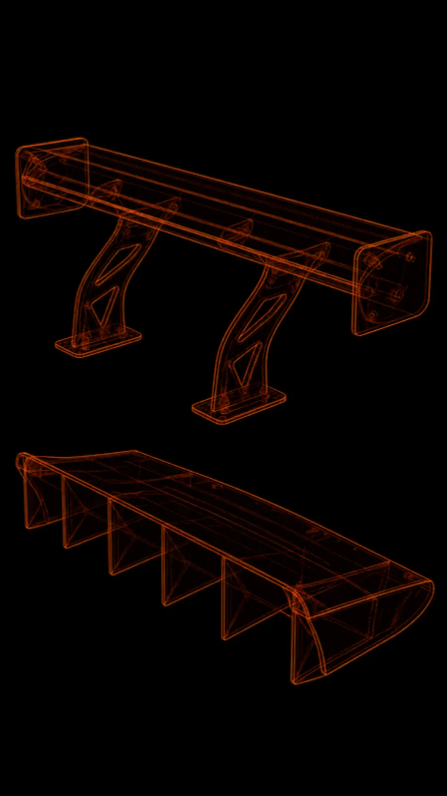Render en radiografía de un alerón GT wing con sus dos soportes