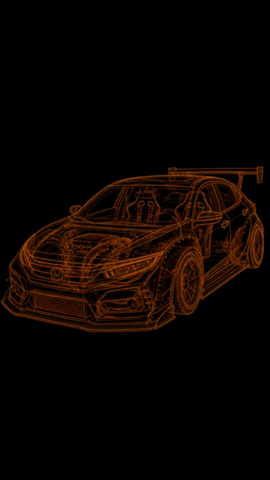 Render tipo radiografía de un hatchback con el widebody completo puesto, visto de tres cuartos de frente: paragolpes con splitter, pasarruedas ensanchados y alerón GT