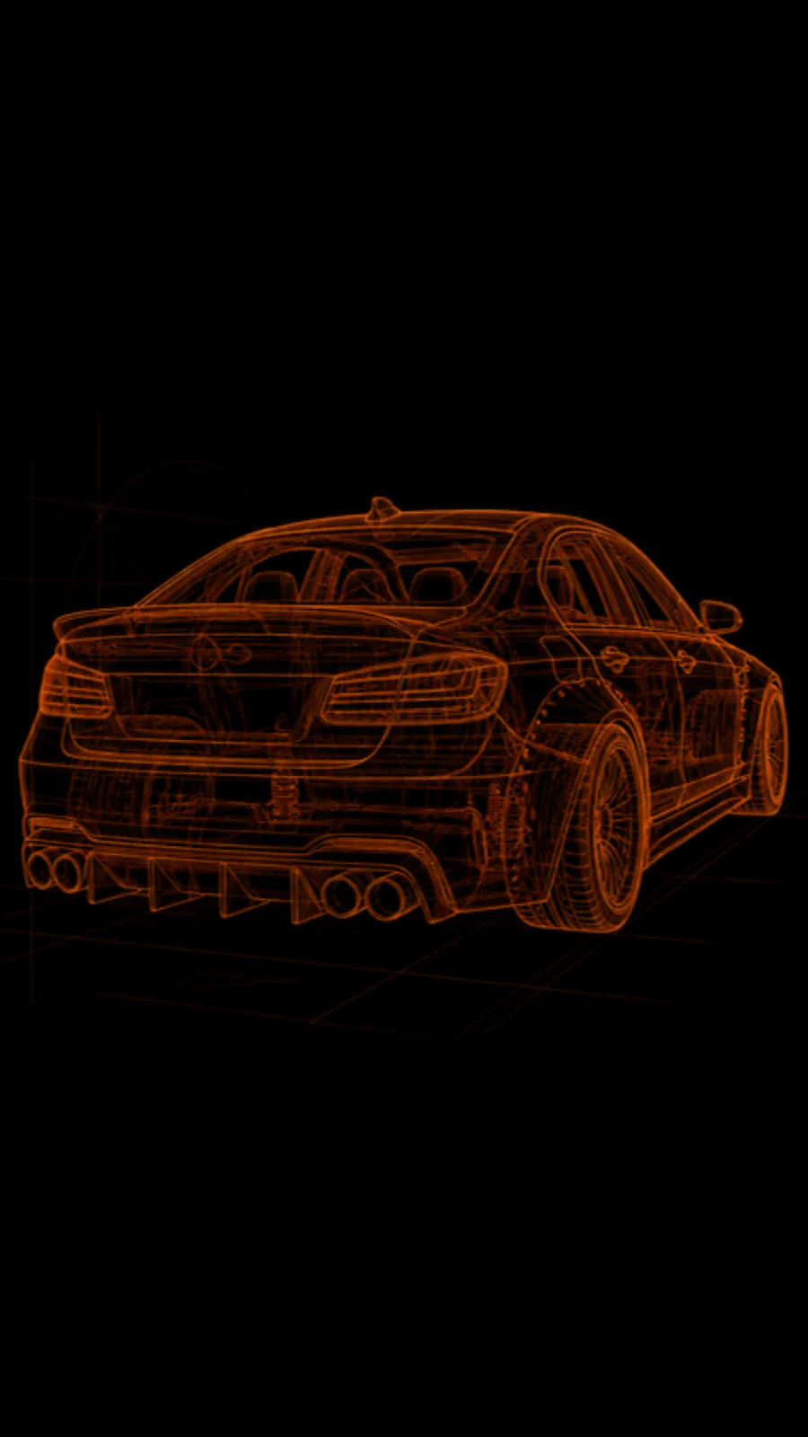 Render en radiografía de un sedán widebody de tres cuartos trasero, con difusor y cuatro salidas de escape